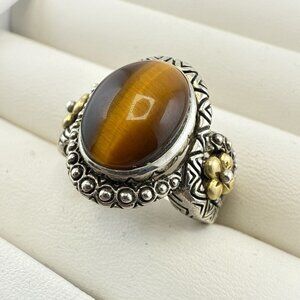 Barbara Bixby Ring Sterling Silver 18K Gold Tigers Eye Size 8 Floral Oval